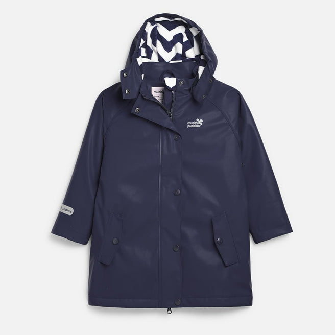 Navy Puddleflex Waterproof Fleece Lined Jacket, a long-sleeved raincoat with a lined hood on a white background.